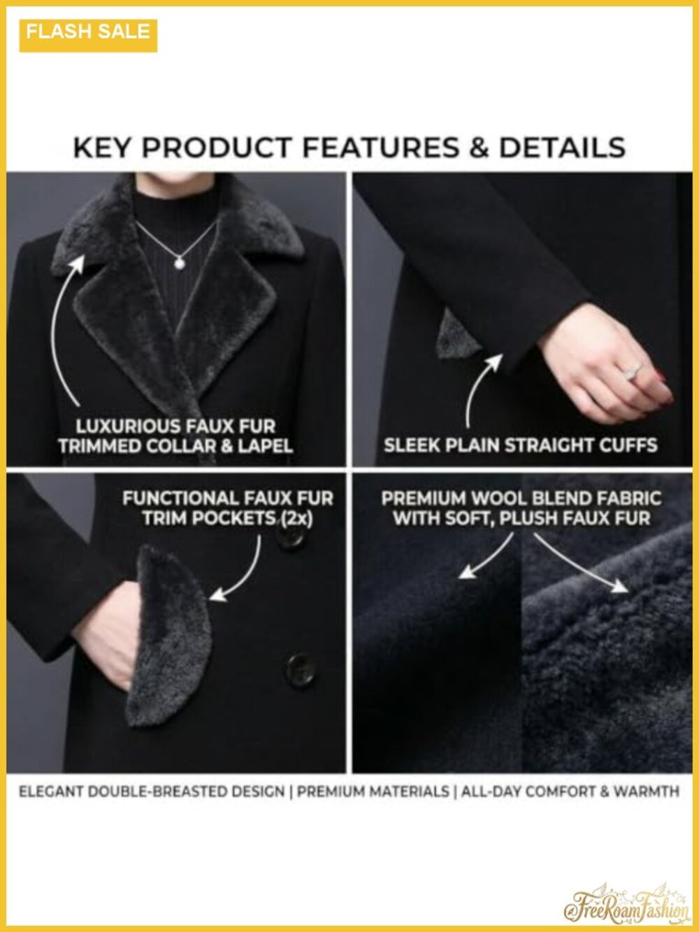Wool Peacoat Double Breasted Long Winter Coat - Picture 4 of 4